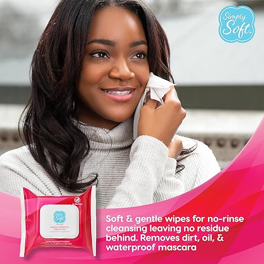 Simply Soft Premium Makeup Remover Towelettes 50 ct (2 - 25 Count Flip-top Packs), Fragrance-Free Makeup Wipes for Sensitive Skin, Hypoallergenic, pH Balanced Eye & Face Wipes