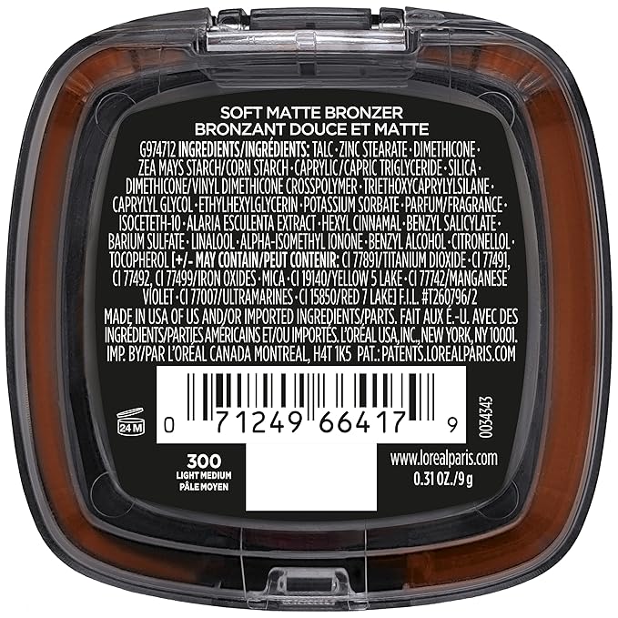 L'Oreal Paris Infallible Up to 24H Fresh Wear Soft Matte Longwear Bronzer. Waterproof, heatproof, Transfer, humidity and sweatproof, Light Medium, 0.31 oz