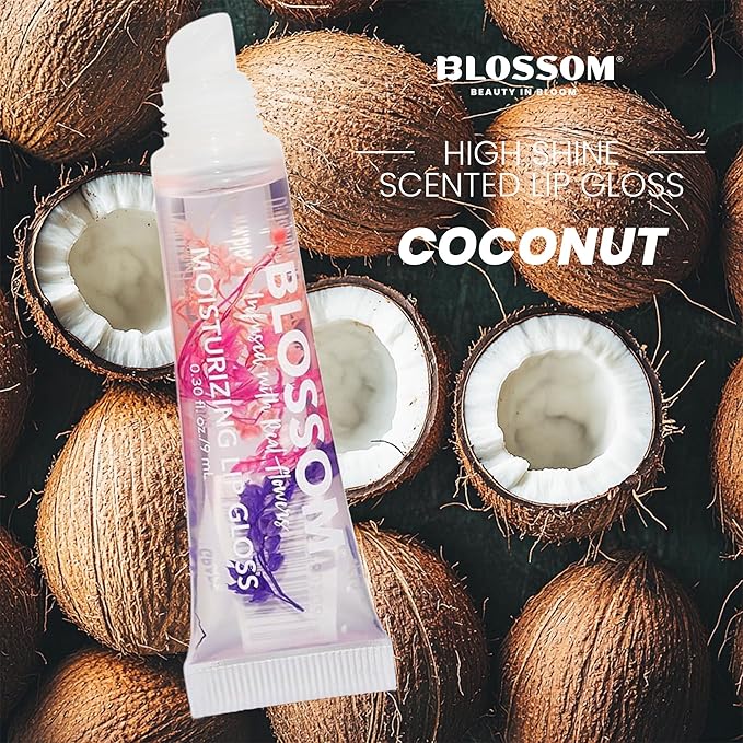 Blossom Lip Gloss Tubes, Coconut Scented Thick Clear High Shine Moisturizing Flower Lip Gel with Nourishing Jojoba Seed Oil, Infused with Real Flowers, 0.3oz, Coconut
