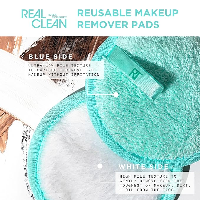 Real Techniques Real Clean Collection Bundle, XL Makeup Removing Wipes, Face Erase Makeup Removing Balm, In-The-Clear Eye Makeup Remover, Reusable Makeup-Removing Pads, Gently Removes Makeup, 4 Items