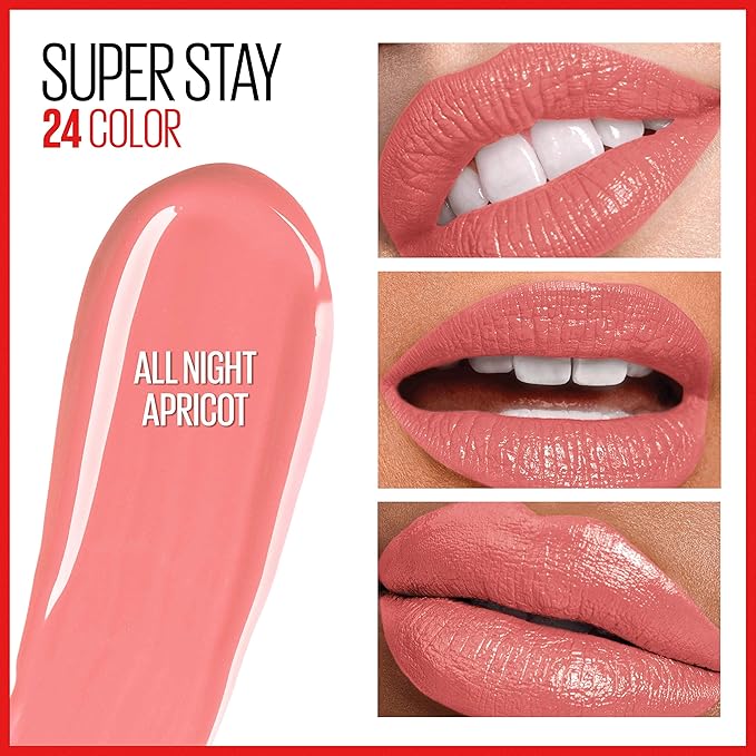 Maybelline Super Stay 24, 2-Step Liquid Lipstick Makeup, Long Lasting Highly Pigmented Color with Moisturizing Balm, All Night Apricot, Nude Orange, 1 Count