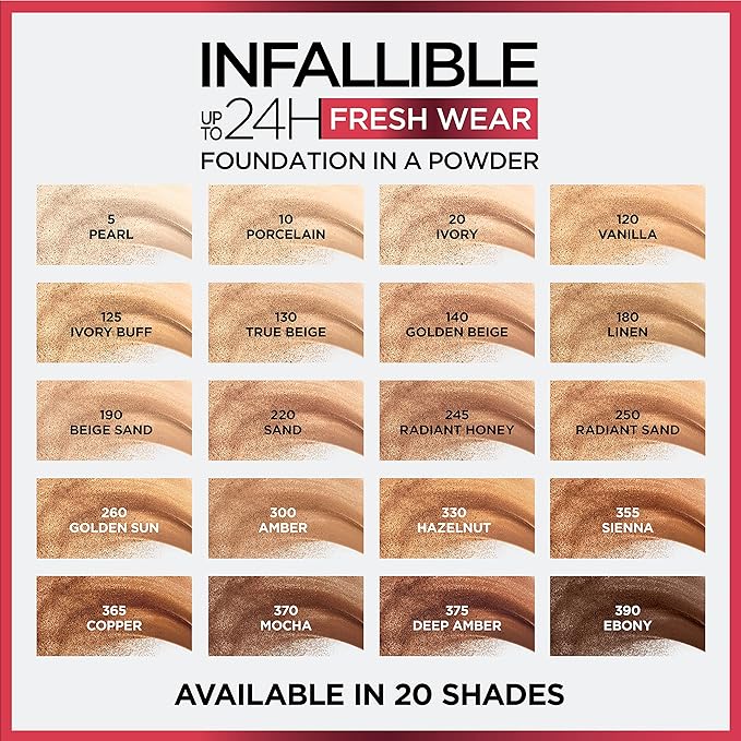 L'Oreal Paris Makeup Infallible Fresh Wear Foundation in a Powder, Up to 24H Wear, Waterproof, Hazelnut, 0.31 oz.