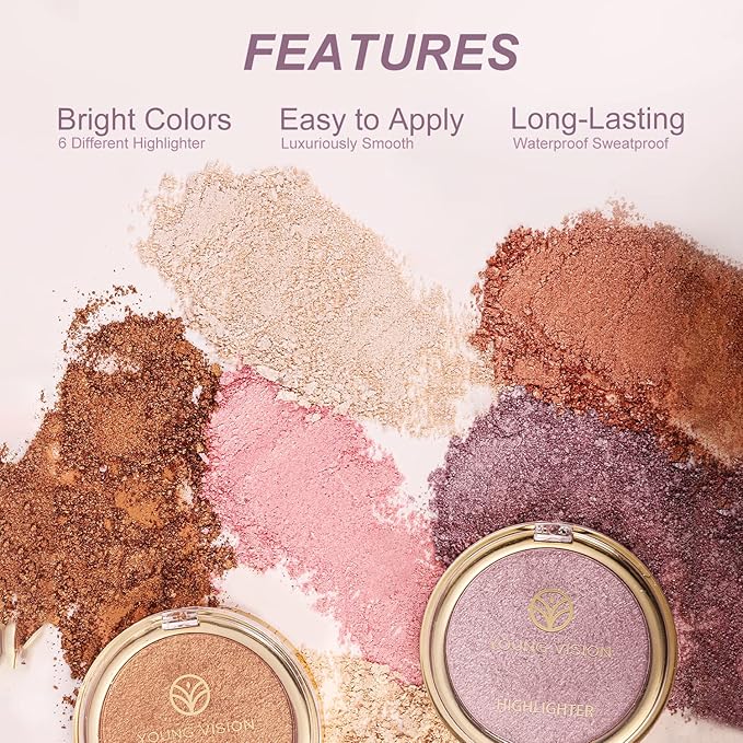 YOUNG VISION Baked Highlighter Powder Palette, Sheer Pearl Shimmer Shades for Face Highlighter Makeup, Highly Pigmented Iluminadores de Maquillaje, 0.19 Oz(Pack of 1)