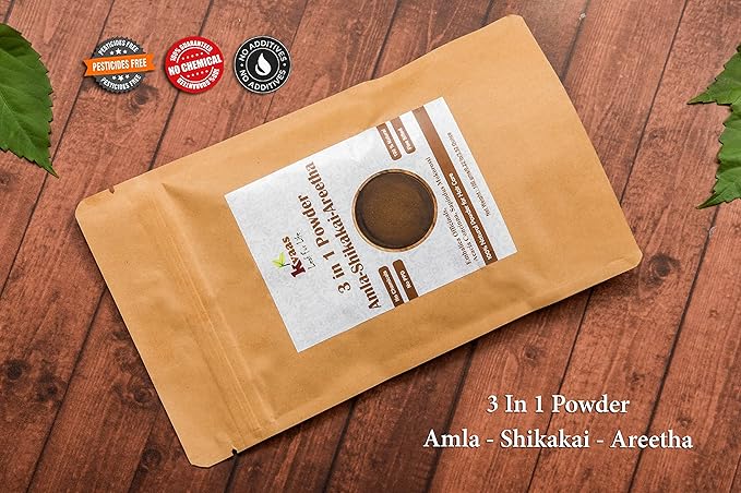 3 in 1 Powder Amla - Shikakai - Areetha Powder | 3.53 Oz (100 g) | Natural & Pure Mix Powder for Hair Care By KVAAS