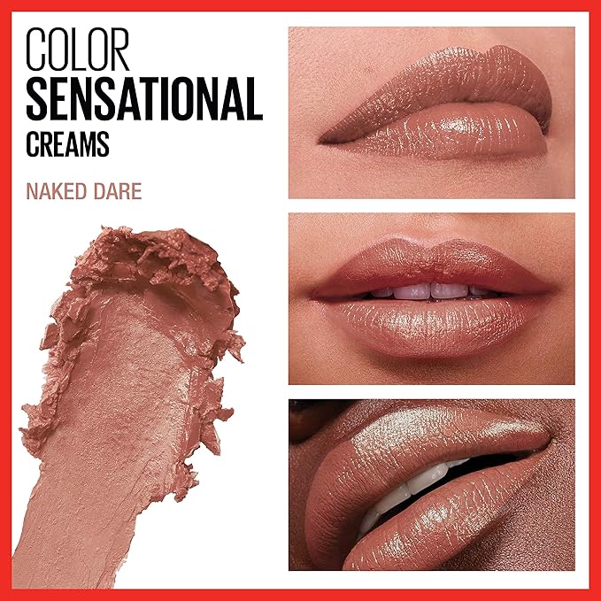 Maybelline Color Sensational Lipstick, Lip Makeup, Cream Finish, Hydrating Lipstick, Nude, Pink, Red, Plum Lip Color, Naked Dare, 0.15 oz; (Packaging May Vary)