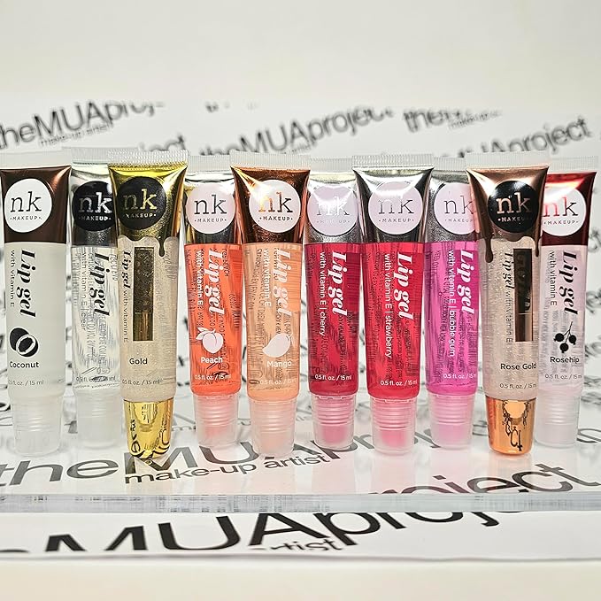 Bundle of 10 Lip Glosses - Gold, Rose Gold, Clear, Rosehip, Coconut, Mango, Strawberry, Bubble Gum, and Cherry Hydrating Lip Glosses with Vitamin E and a Glossy Finish (Peach)
