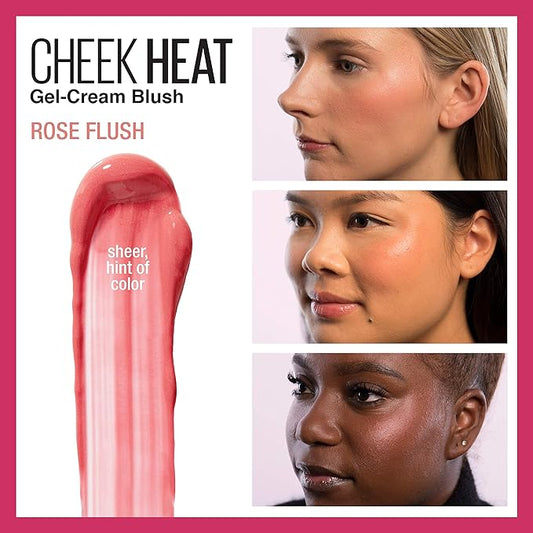 Maybelline Cheek Heat Gel-Cream Blush Makeup, lightweight, Breathable Feel, Sheer Flush Of Color, Natural-Looking, Dewy Finish, Oil-Free, Rose Flush, 1 Count