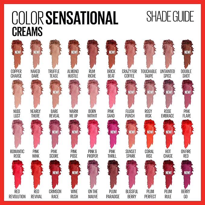 Maybelline New York Color Sensational Lipstick, Lip Makeup, Cream Finish, Hydrating Lipstick, Nude, Pink, Red, Plum Lip Color, Sunset Spark, 0.15 oz; (Packaging May Vary)