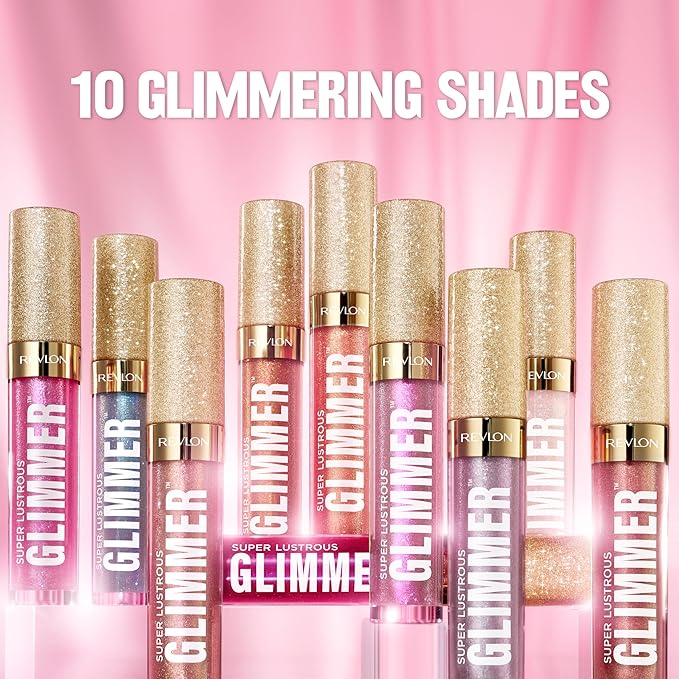 REVLON Super Lustrous Glimmer Gloss, Non-Sticky Lip Gloss, High-Shine Finish, Plant-Based Glitter, 004 Happy Hour, 0.13 fl oz