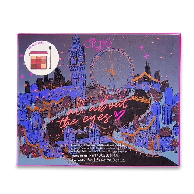 Ciaté London All About the Eyes Kit, Collectable Eye Kit, Contains a 9-Pan Eyeshadow Spice Palette and Fierce Flicks Black Eyeliner, Eye makeup Essential Set, Travel-friendly Duo, Gift Set