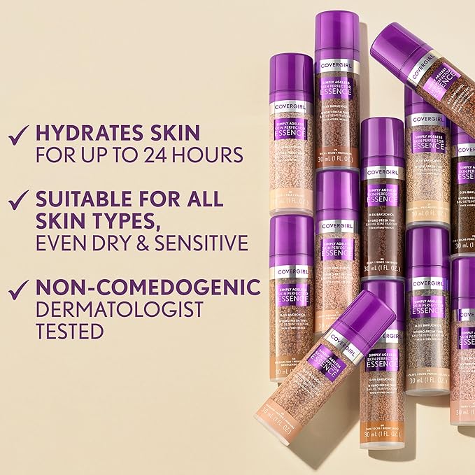 Covergirl Simply Ageless Skin Perfector Essence Foundation, 20 Light, Tinted Skincare Makeup Hybrid, Sheer Tint, Radiant Finish, Glowy Finish, Vegan Formula, 1.0oz