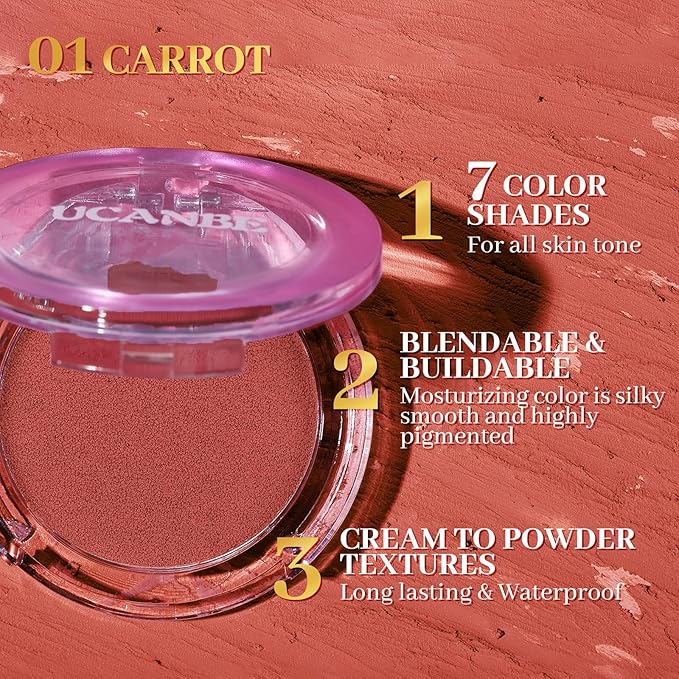UCANBE Matte Cream-To-Powder Blush Makeup Palette, Highly Pigmented Lightweight Blush for Cheek and Eye, Blendable Flawless Velvety Coverage Face Blushes Make up 0.25 Ounce, Carrot
