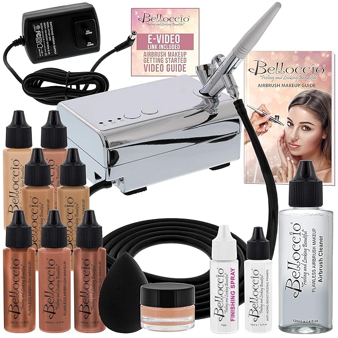 Belloccio Professional Beauty Deluxe Airbrush Cosmetic Makeup System with 4 Medium Shades of Foundation in 1/2 oz Bottles - Kit includes Blush, Bronzer and Highlighters