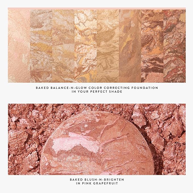 LAURA GELLER NEW YORK Blush-n-Glow Kit (3 Piece) Baked Balance-N-Glow Illuminating CC Powder Foundation Golden Medium, Retractable Kabuki Brush, Baked Blush-N-Brighten Pink Grapefruit