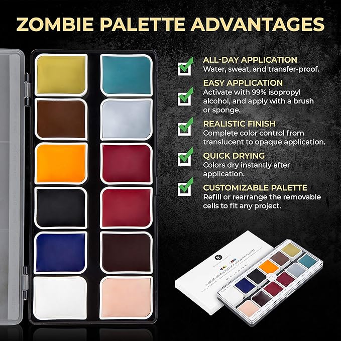 12-Color Zombie Alcohol-Activated Palette, Professional Quick Drying Waterproof SFX Makeup for the Stage, Film, Halloween, & Cosplay