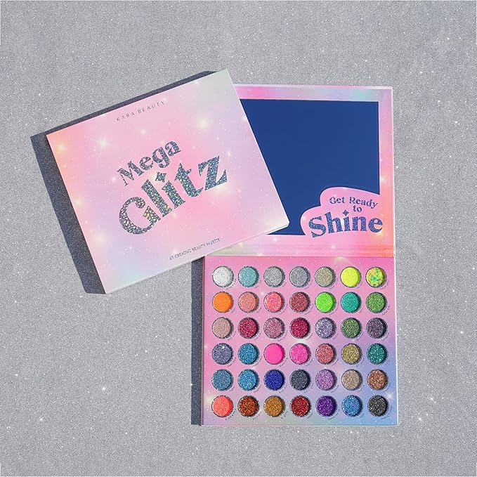 Kara Beauty Mega Glitz Pressed Glitter Palette - 42 Glitter Eyeshadow Shades for Face & Eye Makeup, Fine and Chunky Textures, Makeup Palette, No Glue Needed, Sparkly Makeup Kit for Girls & Kids
