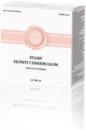 THE TOOL LAB Stamp Skinfit Cushion Foundation & Brush Set｜Glow Type, No.19 Porcelain｜120H Long-Lasting Coverage, Flawless, Ultra Adherence, Glass Glowy Clear Watercolor-Radiance Skin｜SPF 40++, 11g