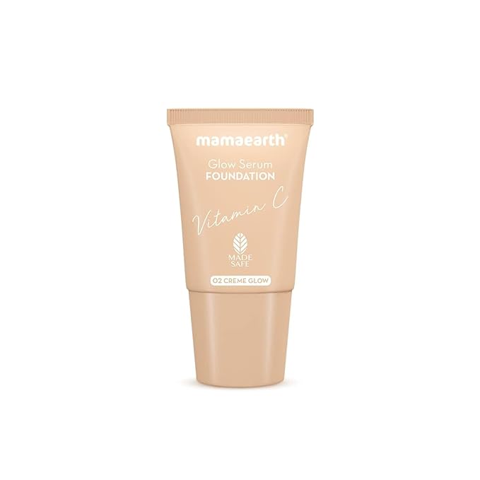Mamaearth Glow Serum Foundation - 02 Crème Glow Shade | with Vitamin C & Turmeric | Up to 12 Hour Buildable Coverage | Waterproof & Lightweight | 0.61 Fl Oz (18ml)