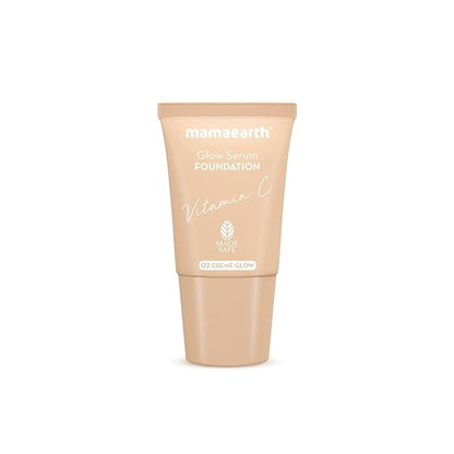 Mamaearth Glow Serum Foundation - 02 Crème Glow Shade | with Vitamin C & Turmeric | Up to 12 Hour Buildable Coverage | Waterproof & Lightweight | 0.61 Fl Oz (18ml)