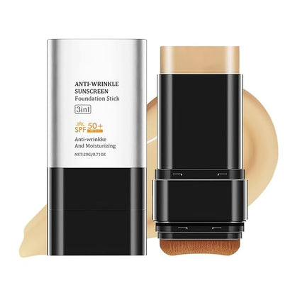 3 In 1 Anti-Wrinkle Foundation Stick with SPF 50+, PA++++, Korean Hydrating Lightweight Flawless Eraser Foundation Stick with Brush, Full Coverage Thin and Natural Finish(Natural)