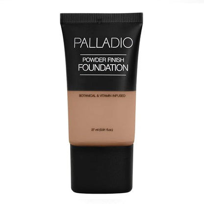 Palladio Powder Finish Liquid Foundation, Natural Matte Appearance, Reduces Fine Lines, Covers Large Pores, Hides Imperfections, All Day Wear, Sheer to Medium Coverage, Caramel