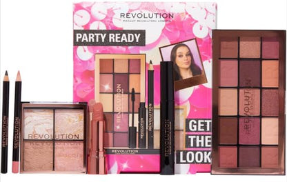 Makeup Revolution Get The Look Gift Set Party Ready, Eye Palette, Eyeliner, Lipstick, Mascara & Highlighter Included, Various Shades