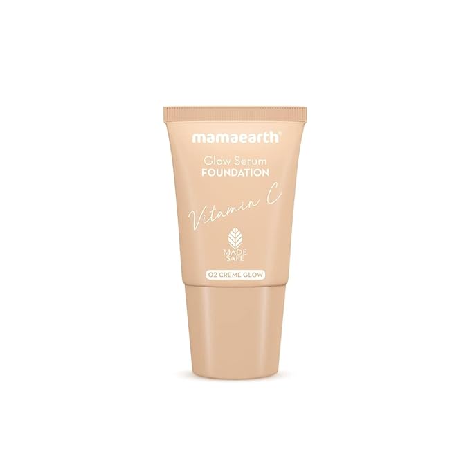 Mamaearth Glow Serum Foundation - 02 Crème Glow Shade | with Vitamin C & Turmeric | Up to 12 Hour Buildable Coverage | Waterproof & Lightweight | 0.61 Fl Oz (18ml)