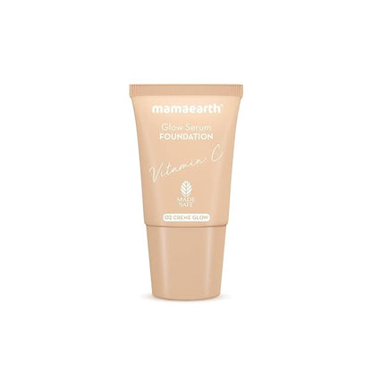 Mamaearth Glow Serum Foundation - 02 Crème Glow Shade | with Vitamin C & Turmeric | Up to 12 Hour Buildable Coverage | Waterproof & Lightweight | 0.61 Fl Oz (18ml)