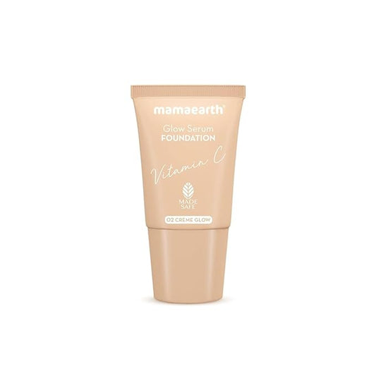 Mamaearth Glow Serum Foundation - 02 Crème Glow Shade | with Vitamin C & Turmeric | Up to 12 Hour Buildable Coverage | Waterproof & Lightweight | 0.61 Fl Oz (18ml)