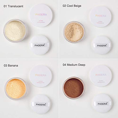 2 Pcs PHOERA Setting Powder, Control Oil Brighten Skin Color Cover Blemish Whitening Face Setting Loose Powder。 (01# Translucent & 02# Cool Beige)