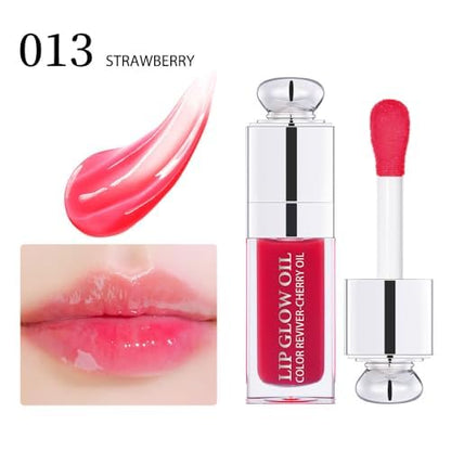 Plumping Lip Oil,Hydrating Gloss Tinted Lip Balm Transparent Lip Care,Big Brush Head Glitter Shine,Long Lasting Nourishing Non-sticky Fresh Textureand Dry Lips Lip Care Products0.2 OZ(013# STRAWBERRY)