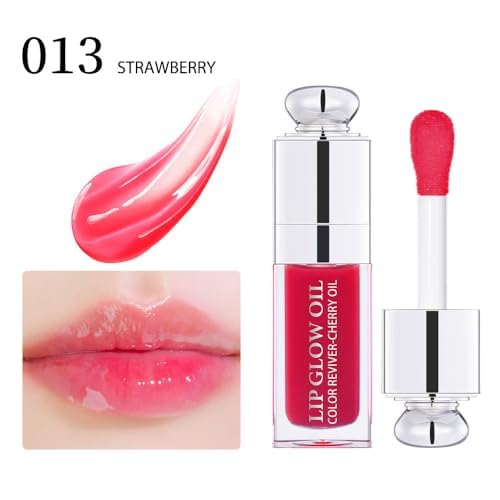 Plumping Lip Oil,Hydrating Gloss Tinted Lip Balm Transparent Lip Care,Big Brush Head Glitter Shine,Long Lasting Nourishing Non-sticky Fresh Textureand Dry Lips Lip Care Products0.2 OZ(013# STRAWBERRY)