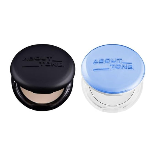 [ABOUT TONE] Blur Powder Pact (2.5 IVORY) + Air Fit Powder Pact BUNDLE SET/Pressed Powder Pact with Mirror and Puff, Face Makeup Setting Powder, Finishing Powder with Sebum Control, Vegan
