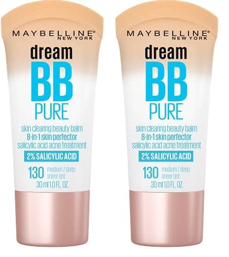 MAYBELLINE New York Dream Pure Skin Clearing BB Cream, 8-in-1 Skin Perfecting Beauty Balm With 2% Salicylic Acid, Sheer Tint Coverage, Oil-Free, Medium/Deep, 1 Count (Pack of 2)