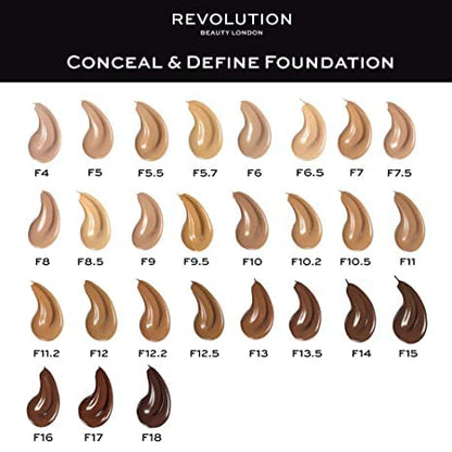 Makeup Revolution Conceal & Define Foundation, Cream Foundation Makeup, Full Coverage, For Light/Medium Skin Tones, Vegan & Cruelty-Free, F8, 23ml
