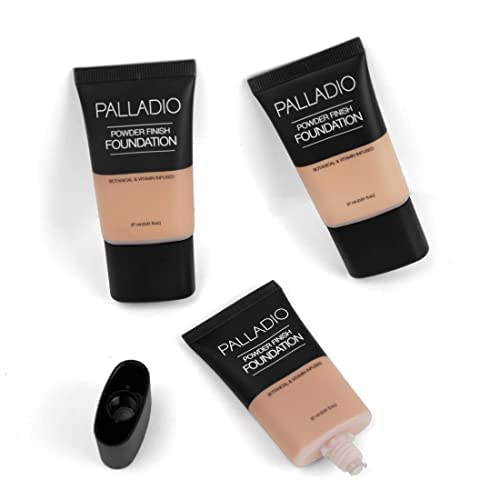 Palladio Powder Finish Liquid Foundation, Natural Matte Appearance, Reduces Fine Lines, Covers Large Pores, Hides Imperfections, All Day Wear, Sheer to Medium Coverage, Honey