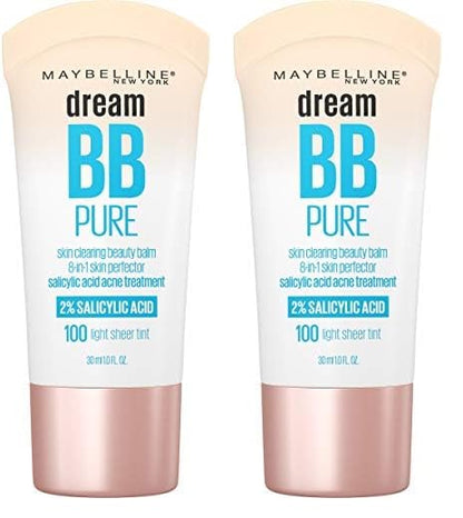 Maybelline Dream Pure Skin Clearing BB Cream, 8-in-1 Skin Perfecting Beauty Balm With 2% Salicylic Acid, Sheer Tint Coverage, Oil-Free, Light, 1 Count (Pack of 2)