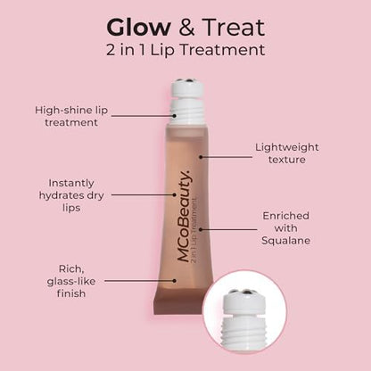 MCoBeauty 2-in-1 Glow & Treat Lip Oil, Chocolate, High-Shine, Hydrating, Lightweight, Vitamins and Botanical Extracts, Vegan, Cruelty Free Cosmetics