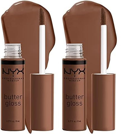 NYX PROFESSIONAL MAKEUP Butter Gloss Brown Sugar, Non-Sticky Lip Gloss - Fudge Me (Warm Brown) (Pack of 2)
