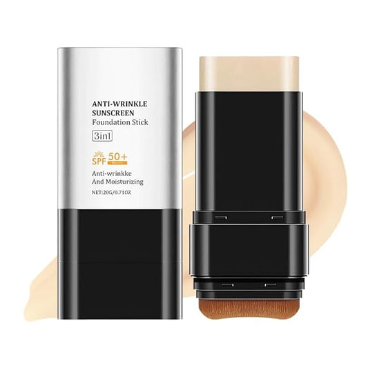 3 In 1 Anti-Wrinkle Foundation Stick with SPF 50+, PA++++, Korean Hydrating Lightweight Flawless Eraser Foundation Stick with Brush, Full Coverage Thin and Natural Finish(Ivory)