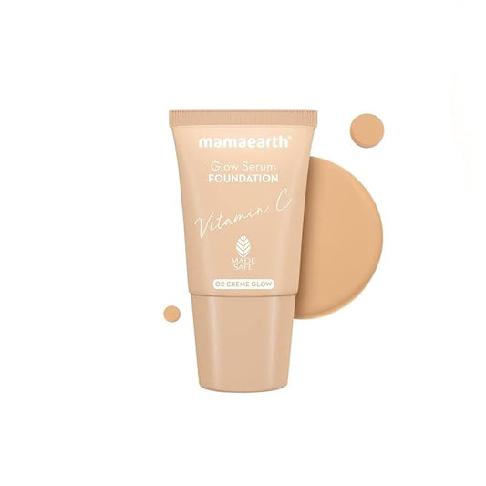 Mamaearth Glow Serum Foundation - 02 Crème Glow Shade | with Vitamin C & Turmeric | Up to 12 Hour Buildable Coverage | Waterproof & Lightweight | 0.61 Fl Oz (18ml)