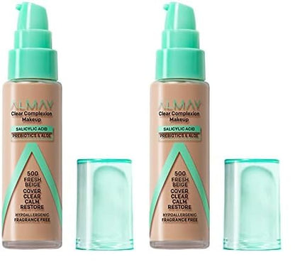 Almay Clear Complexion Acne Foundation Makeup with Salicylic Acid, Medium Coverage, Soft Matte Finish, Hypoallergenic, Cruelty- & Fragrance-Free, Dermatologist Tested, 500 Fresh Beige, 1 fl oz