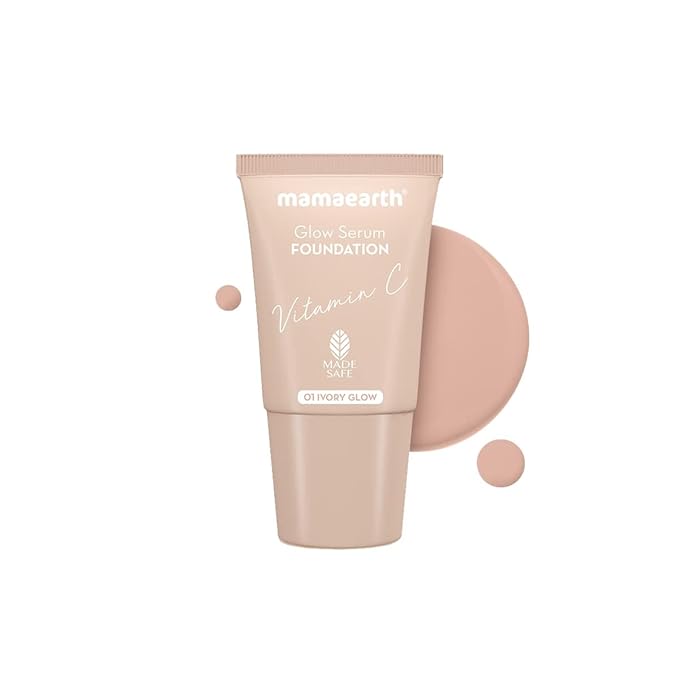 MAMAEARTH Glow Serum Foundation - 01 Ivory Glow Shade | with Vitamin C & Turmeric | Up to 12 Hour Buildable Coverage | Waterproof & Lightweight | 0.61 Fl Oz (18ml)