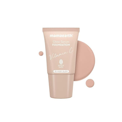 MAMAEARTH Glow Serum Foundation - 01 Ivory Glow Shade | with Vitamin C & Turmeric | Up to 12 Hour Buildable Coverage | Waterproof & Lightweight | 0.61 Fl Oz (18ml)