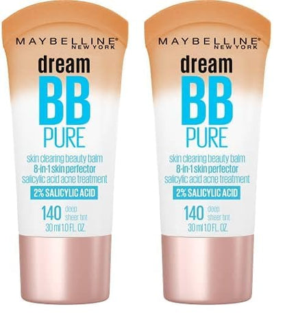 Maybelline Dream Pure Skin Clearing BB Cream, 8-in-1 Skin Perfecting Beauty Balm With 2% Salicylic Acid, Sheer Tint Coverage, Oil-Free, Deep, 1 Count (Pack of 2)