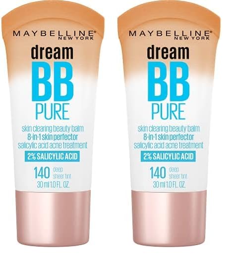 Maybelline Dream Pure Skin Clearing BB Cream, 8-in-1 Skin Perfecting Beauty Balm With 2% Salicylic Acid, Sheer Tint Coverage, Oil-Free, Deep, 1 Count (Pack of 2)