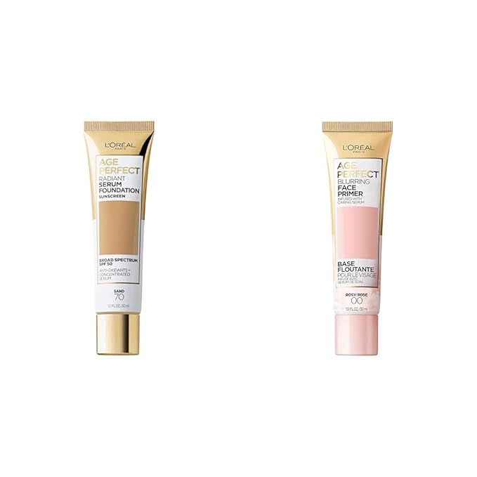L’Oréal ParisBundle of Age Perfect Radiant Serum Foundation with SPF 50, Sand, 1 Ounce + Age Perfect Face Blurring Primer Infused with Caring Serum Smoothes Liners and Pores