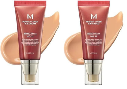 MISSHA M Perfect BB Cream No 31.Golden beige for medium/deep with neutral skin tone SPF 42 PA +++ 1.69 Fl Oz - Tinted Moisturizer for face with SPF (Pack of 2)