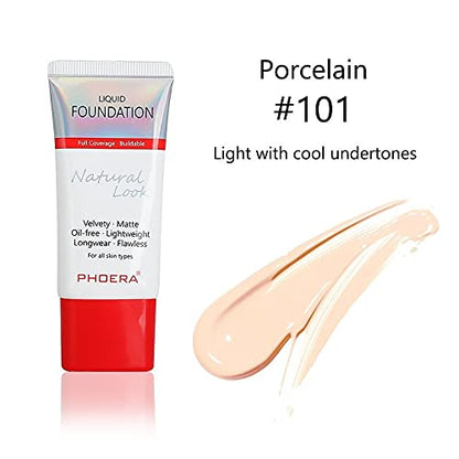 AQUAPURITY PHOERA Full Coverage Foundation New Formula Waterproof Long Lasting Oil Free Velvet Matte Liquid Foundation for Oily Skin Flawless Makeup Base Cream Concealer (101 Porcelain)