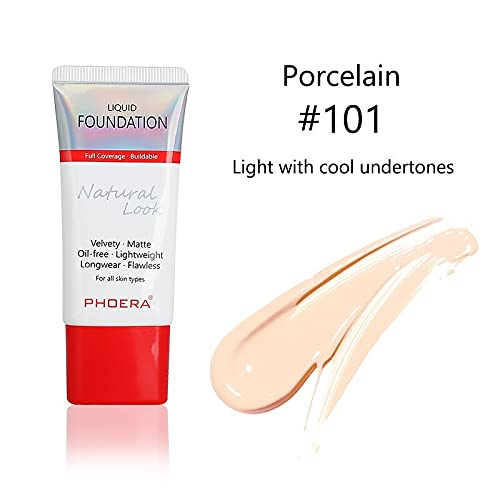 AQUAPURITY PHOERA Full Coverage Foundation New Formula Waterproof Long Lasting Oil Free Velvet Matte Liquid Foundation for Oily Skin Flawless Makeup Base Cream Concealer (101 Porcelain)